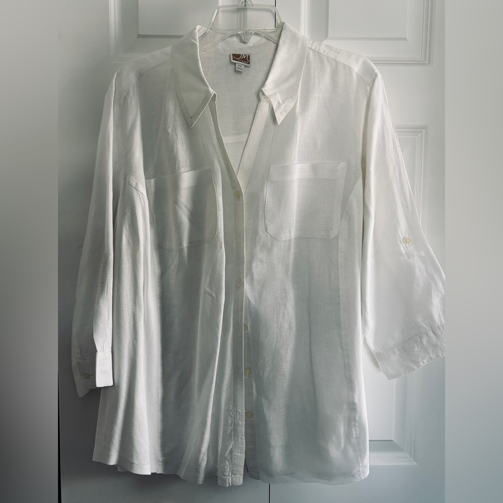 Classic White Linen Long Sleeve Top From JH Collection, Size 16W